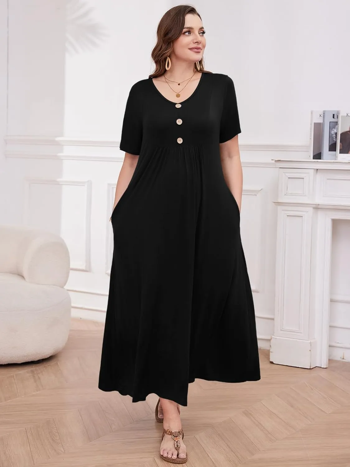 LARACE Womens Plus Size Short Sleeve Dresses Casual V Neck Button Up Pleated Flowy Long Maxi Dress with Pockets L-5XL