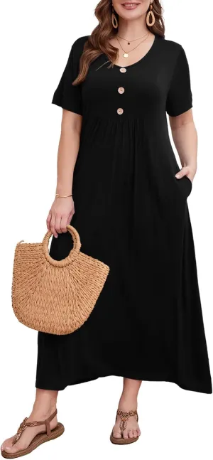 LARACE Womens Plus Size Short Sleeve Dresses Casual V Neck Button Up Pleated Flowy Long Maxi Dress with Pockets L-5XL