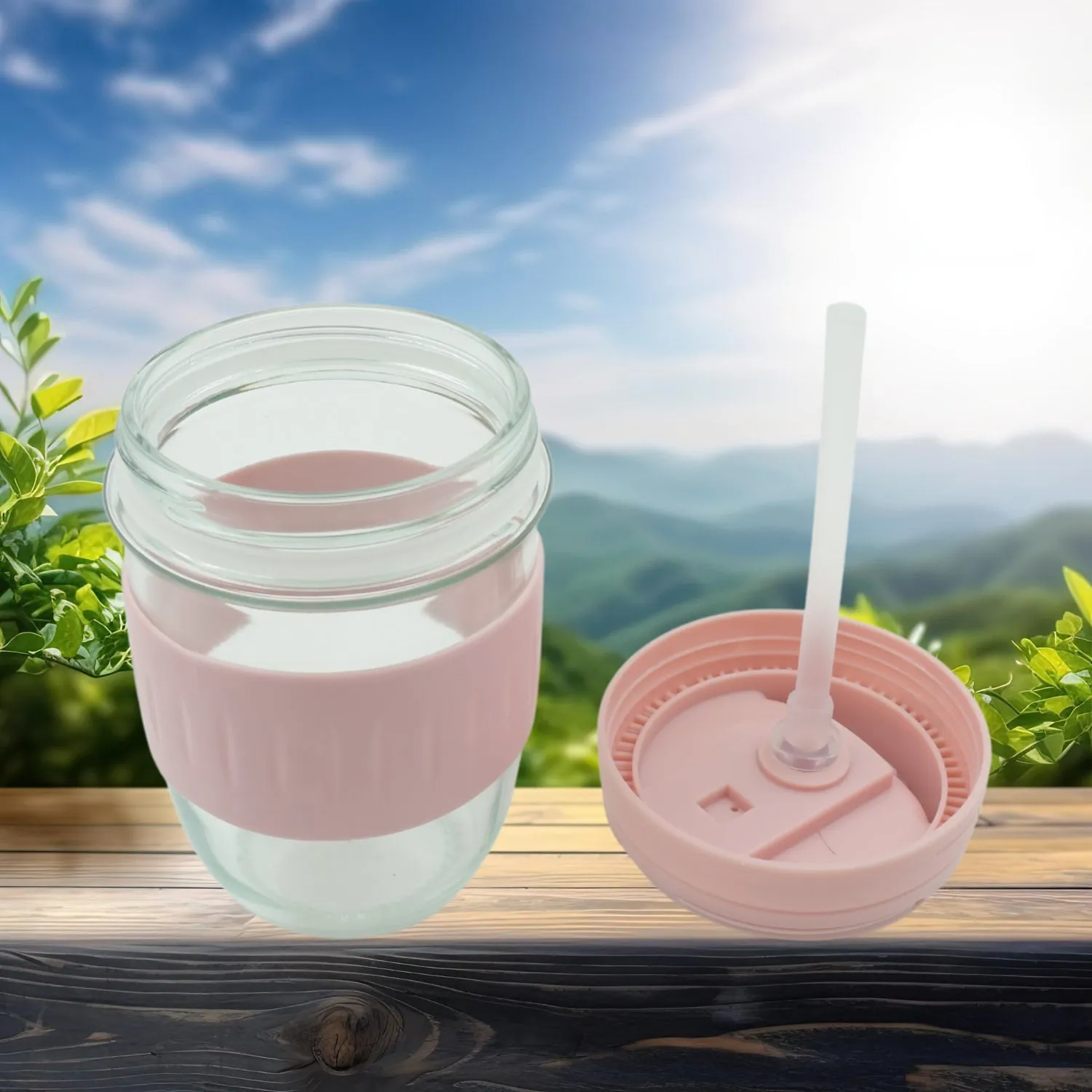 Leak-proof Glass Tumbler with Lid and Straw & Silicone Case, Coffee Travel Mug, Reusable Coffee Cup, BPA Free, Dishwasher and Microwave Safe, for Home Office Gifts Gym Workout (350 ML)