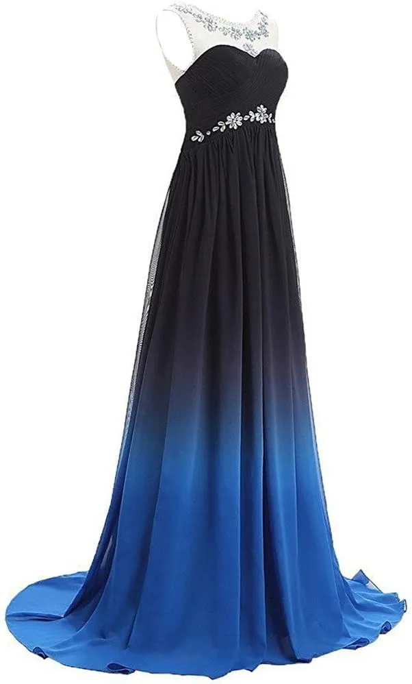Lemai Long A Line Beaded Gradient Ombre Chiffon Formal Prom Evening Dresses