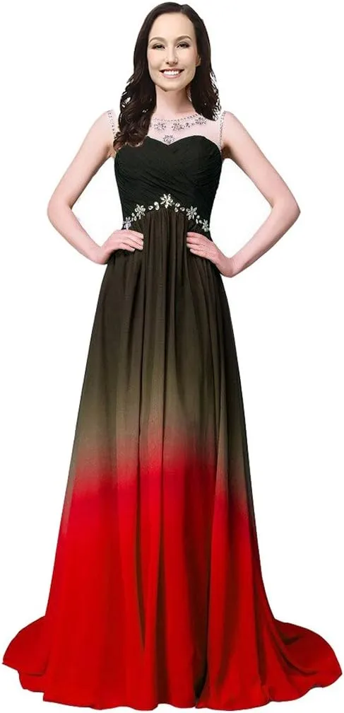 Lemai Long A Line Beaded Gradient Ombre Chiffon Formal Prom Evening Dresses