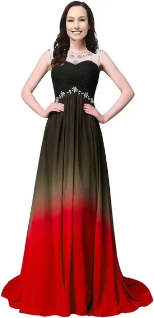 Lemai Long A Line Beaded Gradient Ombre Chiffon Formal Prom Evening Dresses