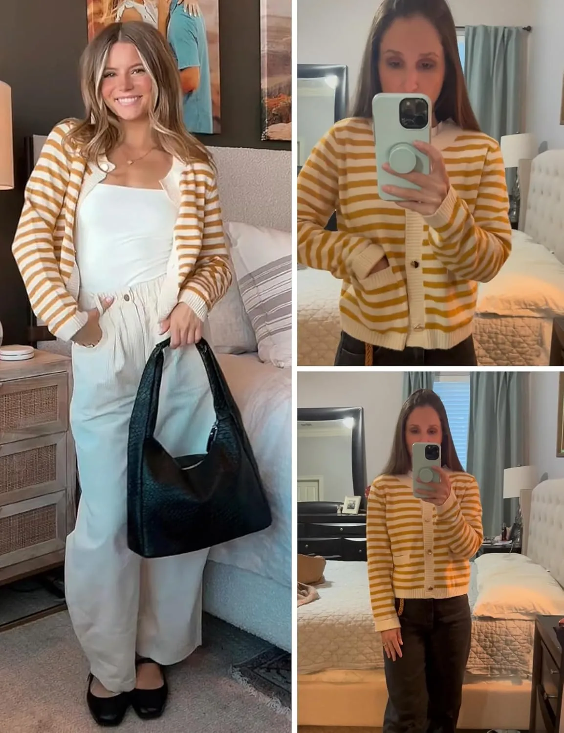 Lentta Womens Striped Knit Cardigan Sweater Crew Neck Long Sleeve Button Front Outerwear