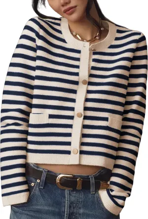 Lentta Womens Striped Knit Cardigan Sweater Crew Neck Long Sleeve Button Front Outerwear