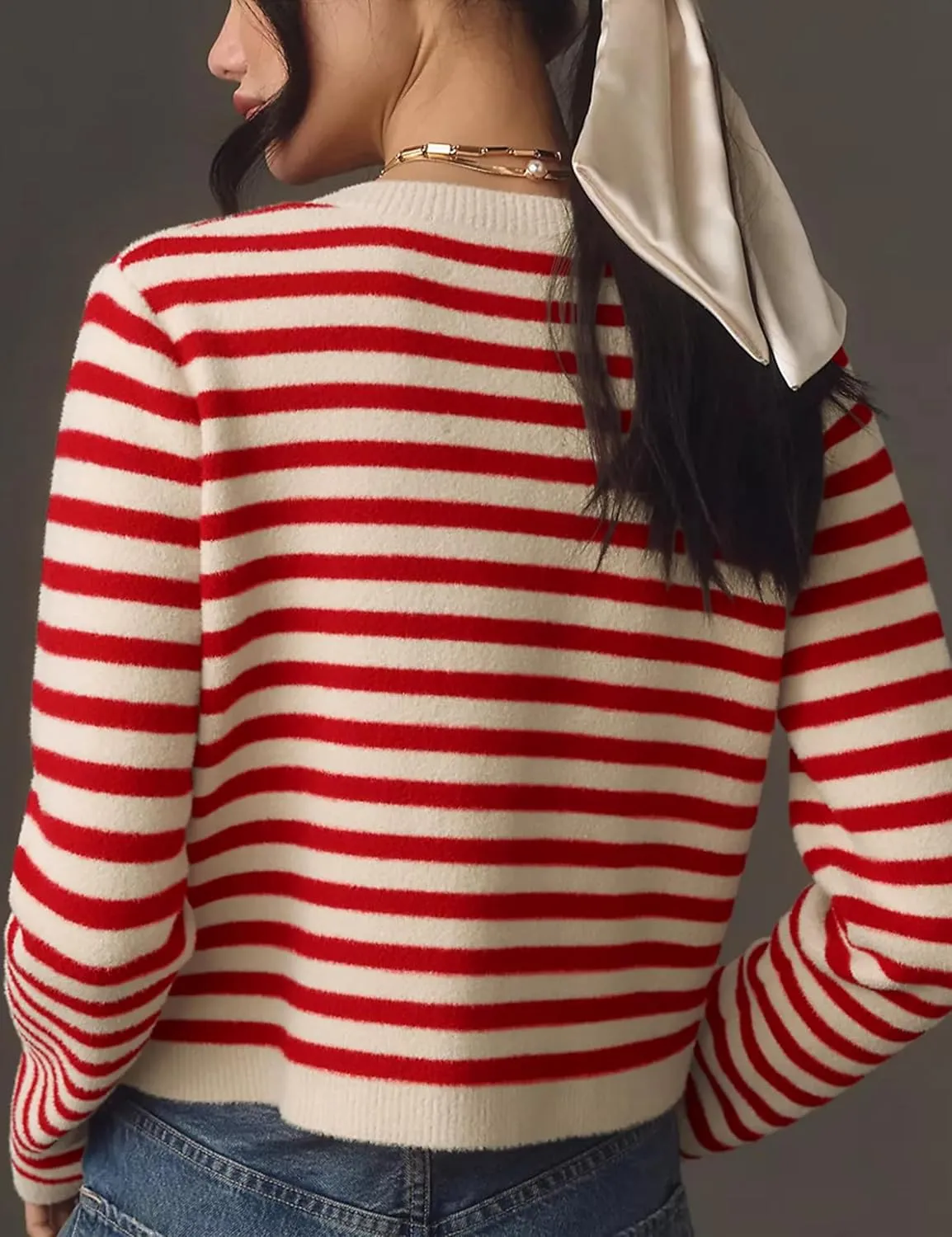 Lentta Womens Striped Knit Cardigan Sweater Crew Neck Long Sleeve Button Front Outerwear
