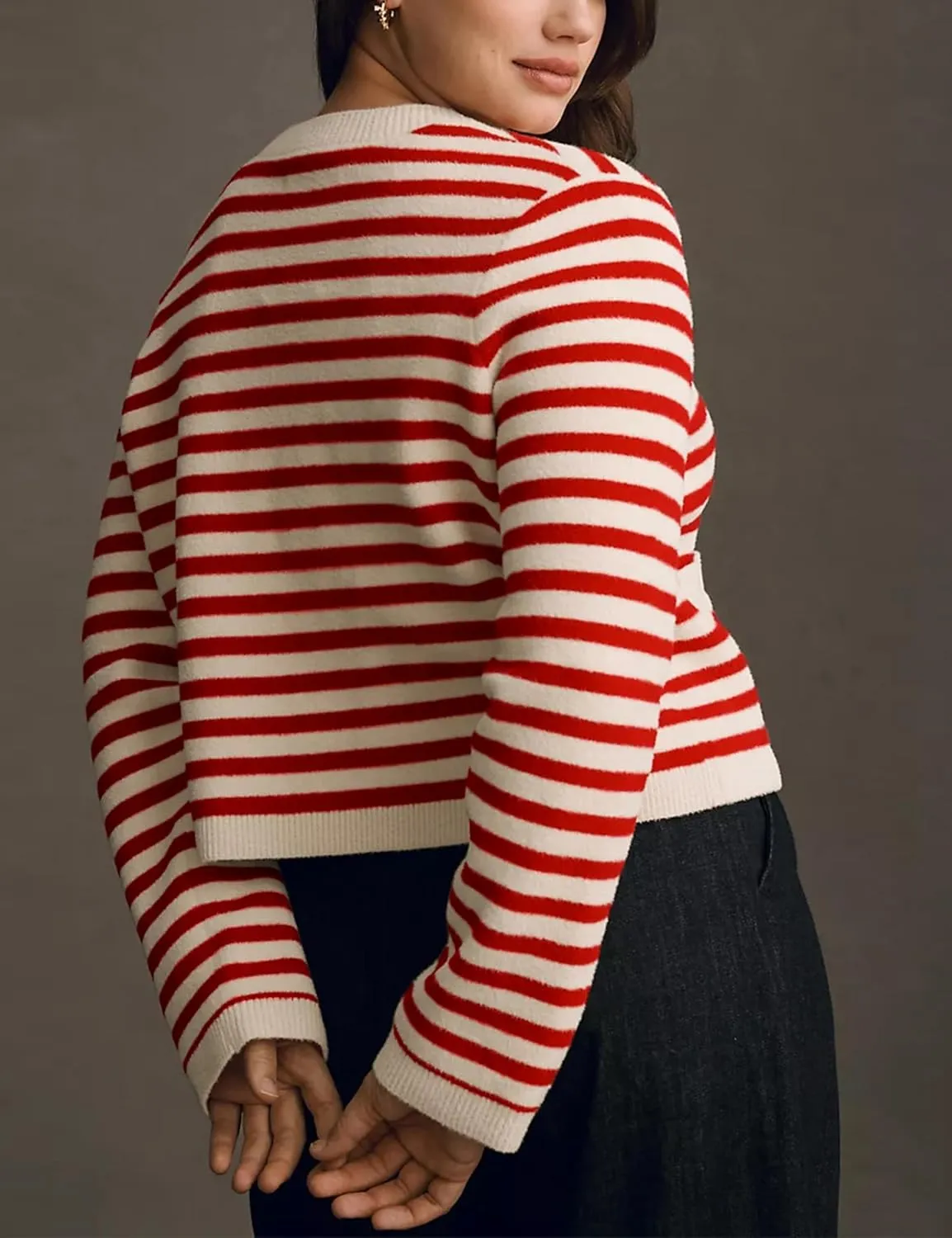 Lentta Womens Striped Knit Cardigan Sweater Crew Neck Long Sleeve Button Front Outerwear