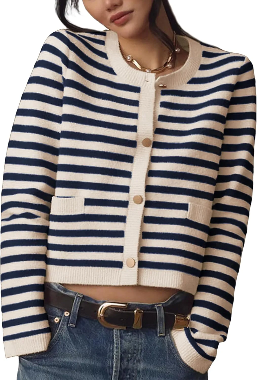Lentta Womens Striped Knit Cardigan Sweater Crew Neck Long Sleeve Button Front Outerwear