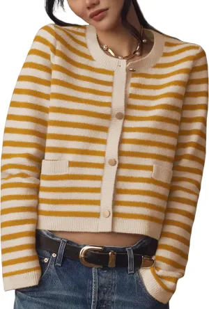 Lentta Womens Striped Knit Cardigan Sweater Crew Neck Long Sleeve Button Front Outerwear
