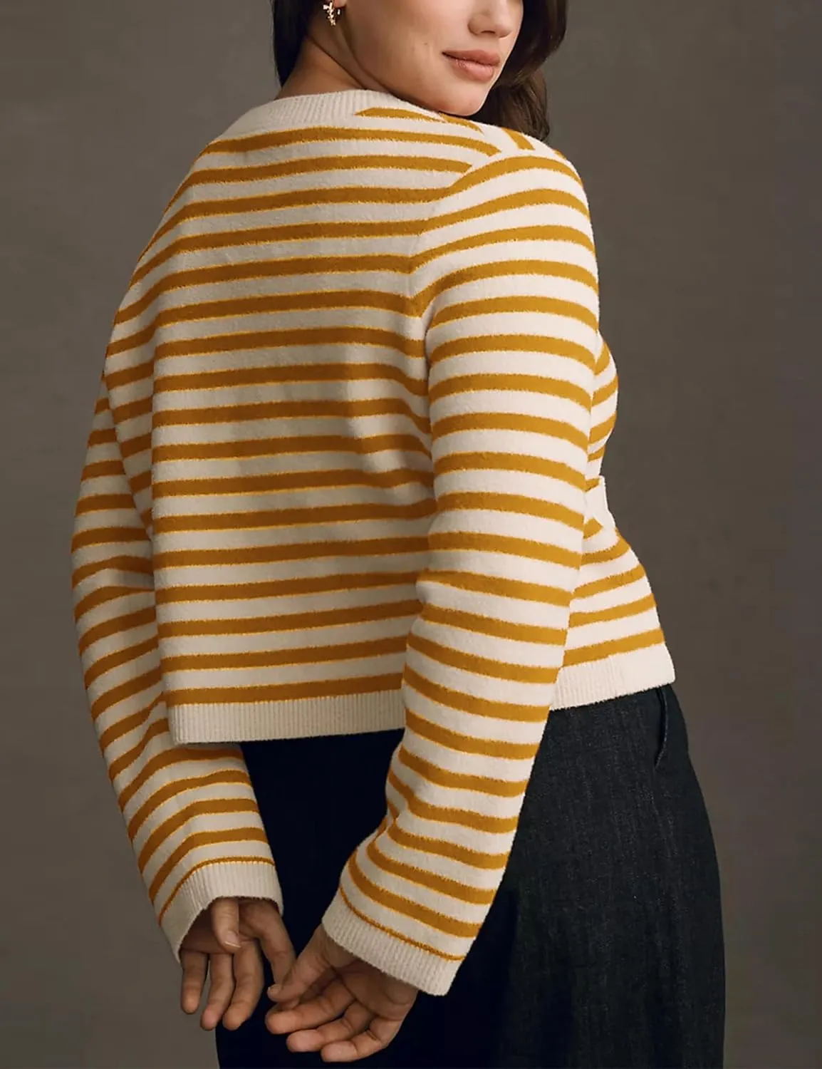 Lentta Womens Striped Knit Cardigan Sweater Crew Neck Long Sleeve Button Front Outerwear