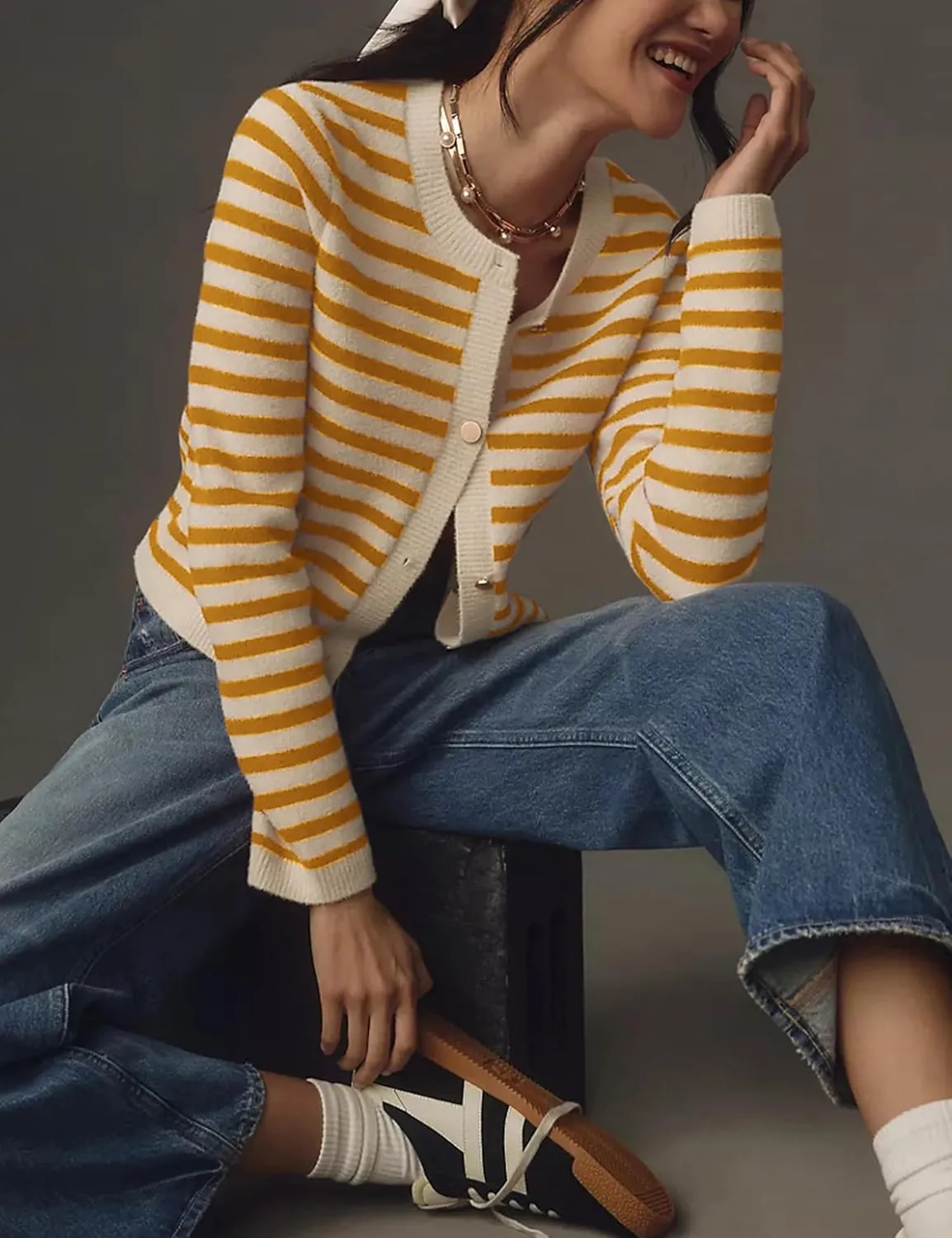 Lentta Womens Striped Knit Cardigan Sweater Crew Neck Long Sleeve Button Front Outerwear