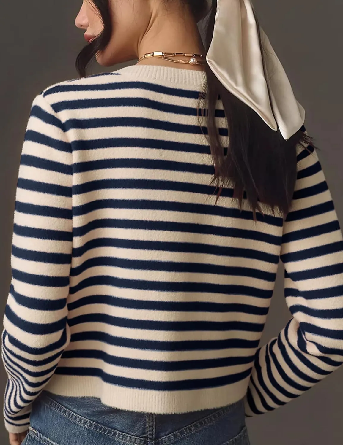 Lentta Womens Striped Knit Cardigan Sweater Crew Neck Long Sleeve Button Front Outerwear