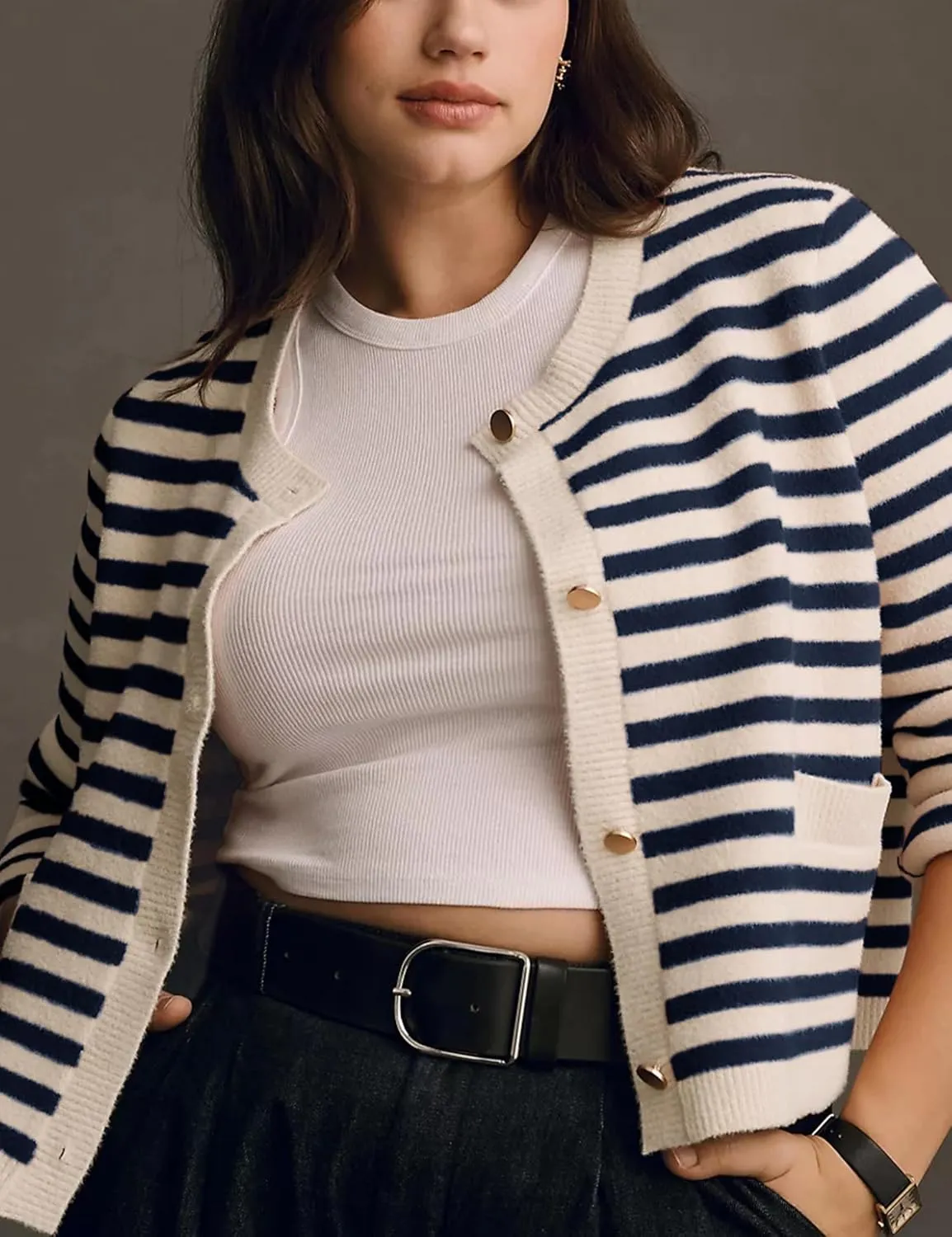 Lentta Womens Striped Knit Cardigan Sweater Crew Neck Long Sleeve Button Front Outerwear