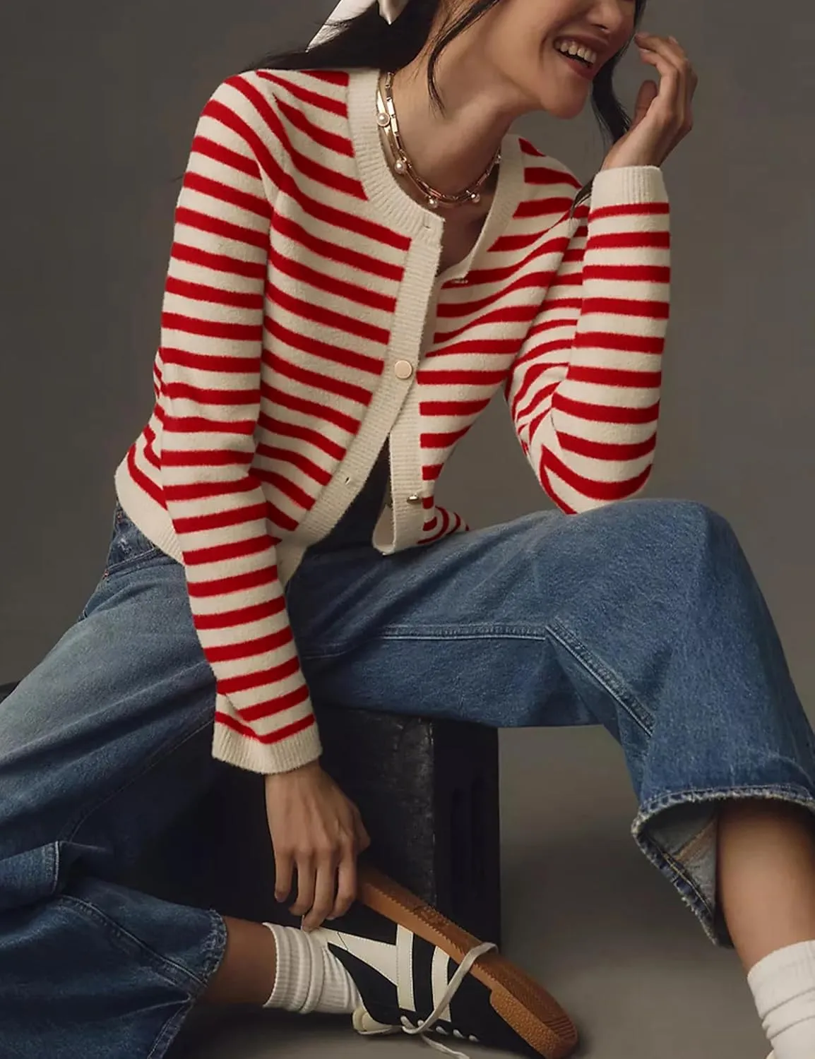 Lentta Womens Striped Knit Cardigan Sweater Crew Neck Long Sleeve Button Front Outerwear