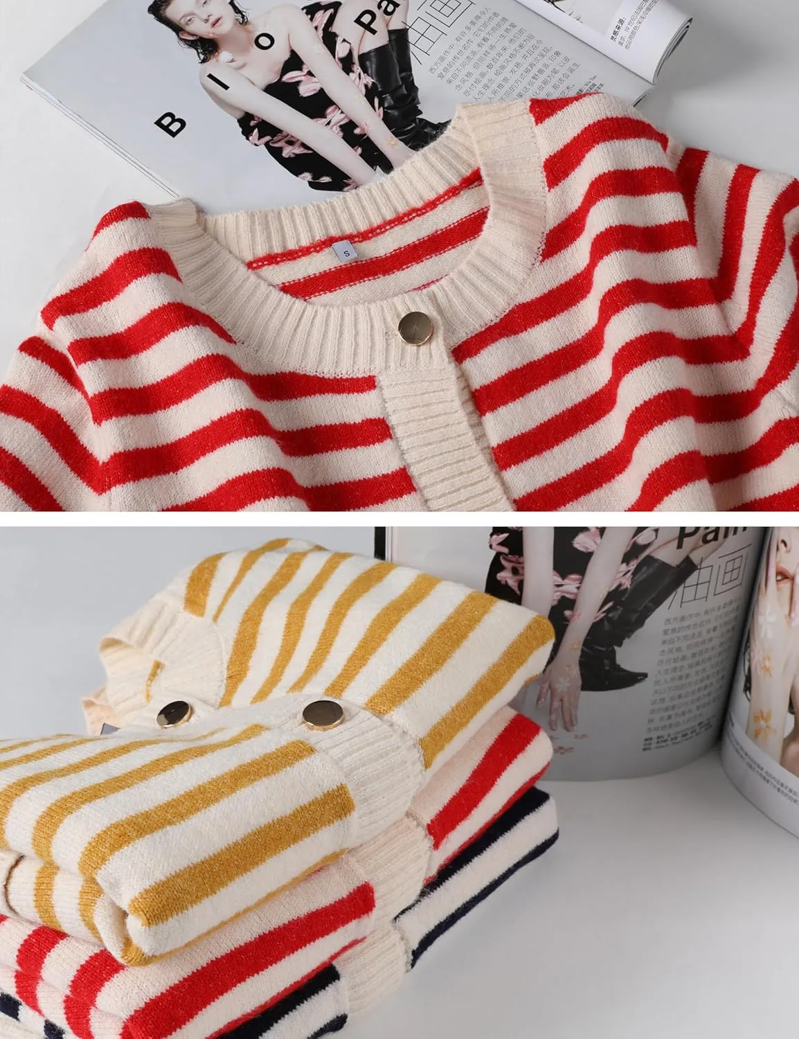 Lentta Womens Striped Knit Cardigan Sweater Crew Neck Long Sleeve Button Front Outerwear