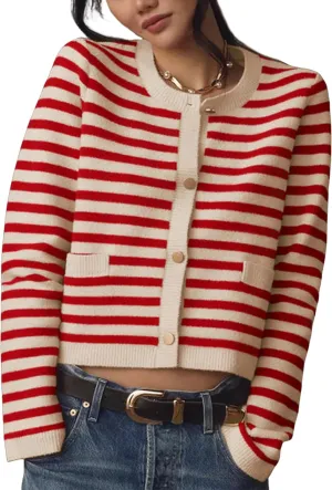 Lentta Womens Striped Knit Cardigan Sweater Crew Neck Long Sleeve Button Front Outerwear