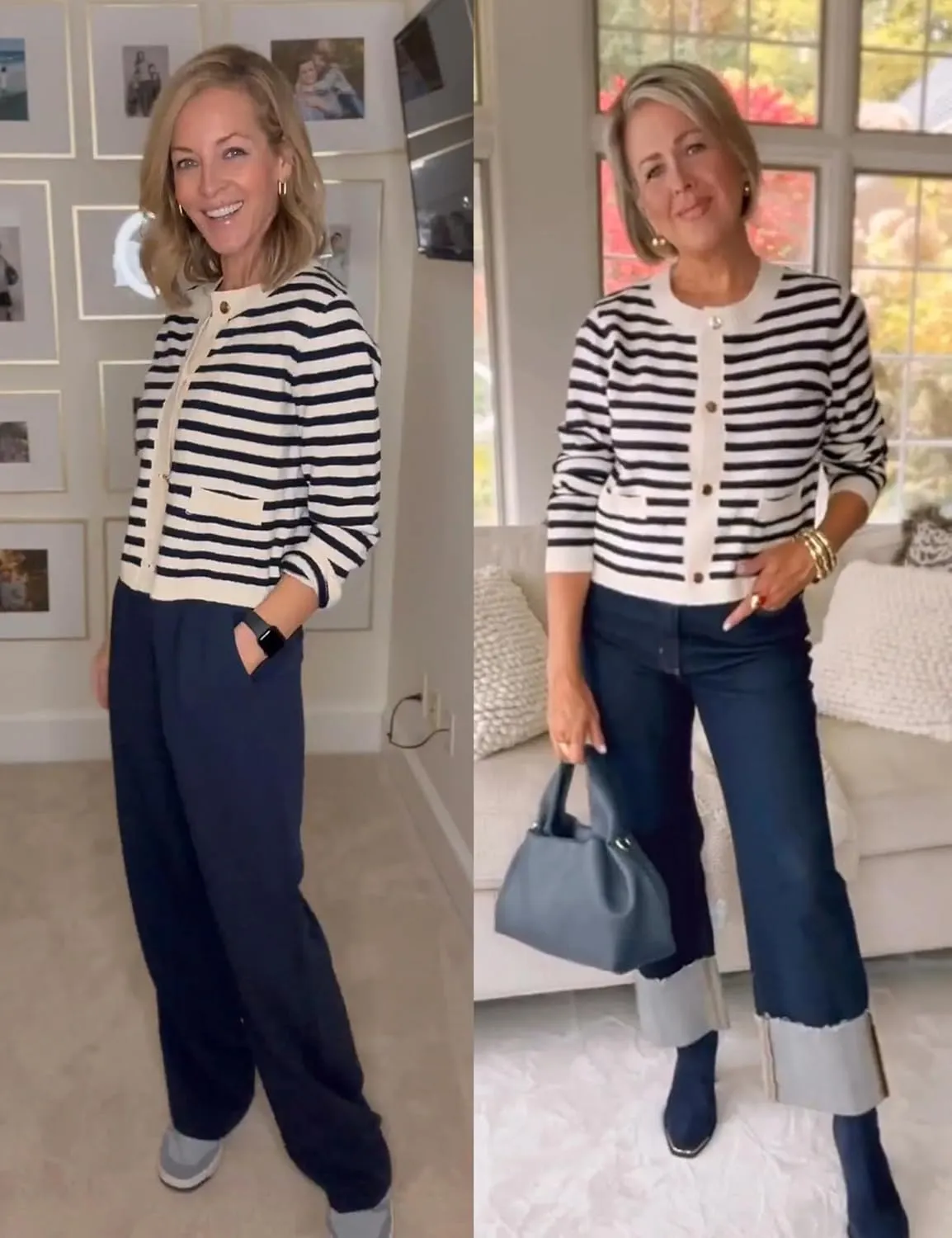 Lentta Womens Striped Knit Cardigan Sweater Crew Neck Long Sleeve Button Front Outerwear