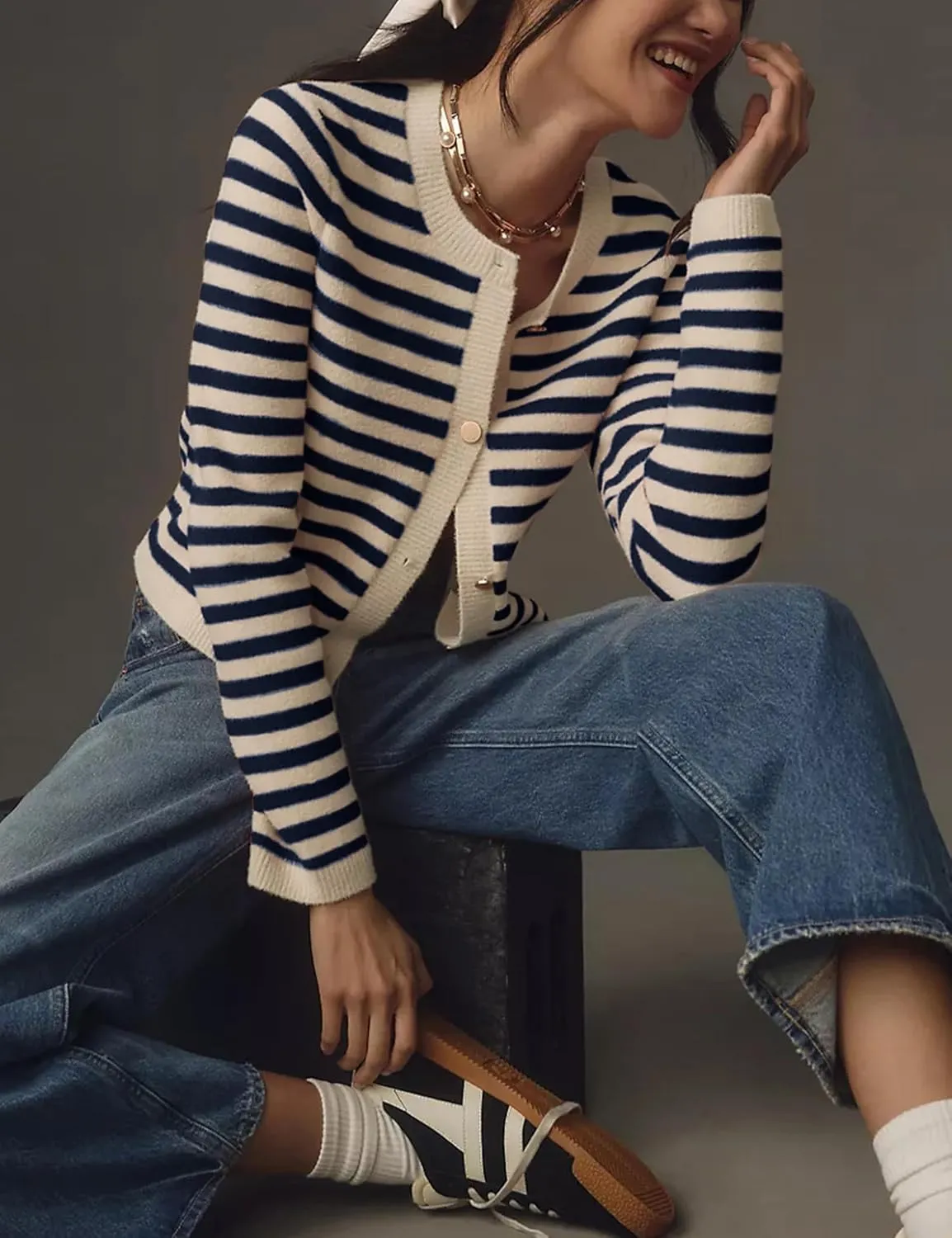 Lentta Womens Striped Knit Cardigan Sweater Crew Neck Long Sleeve Button Front Outerwear