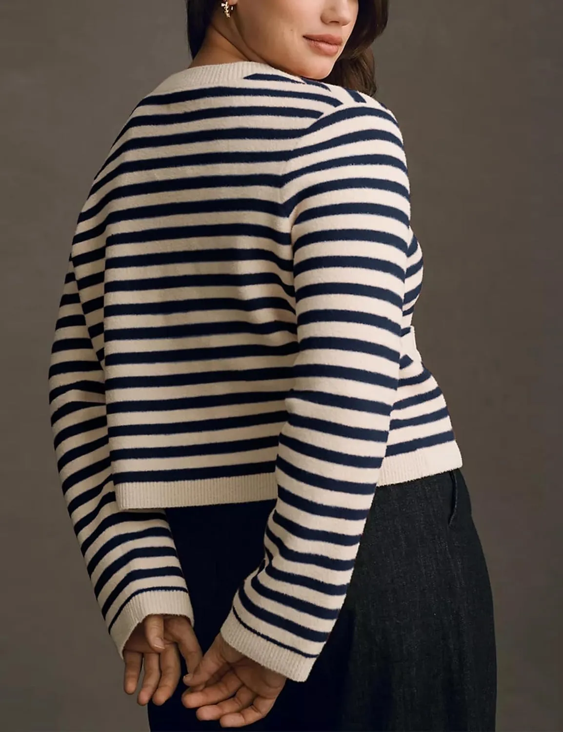 Lentta Womens Striped Knit Cardigan Sweater Crew Neck Long Sleeve Button Front Outerwear