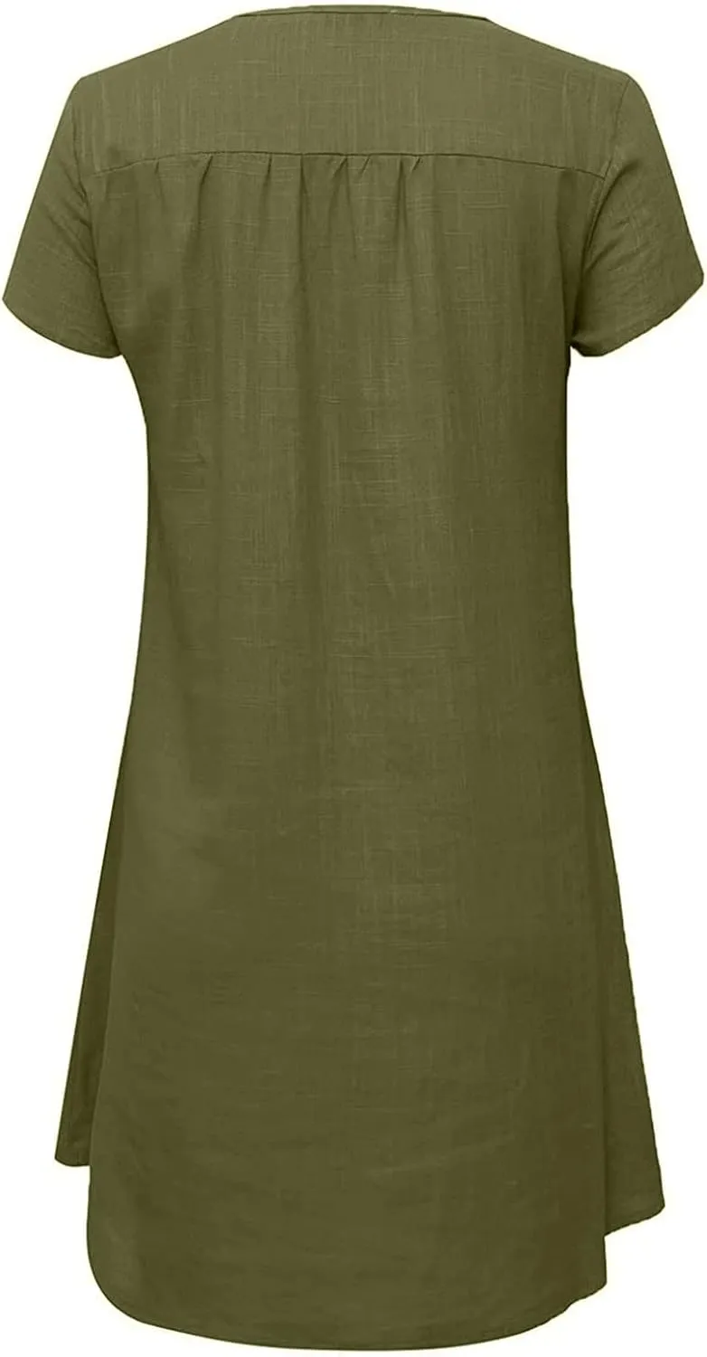 LFEOOST Plus Size Summer Dresses for Women 2023 Fashion Short Sleeve Casual V Neck Solid Loose Ladies Cotton Linen Midi Dress