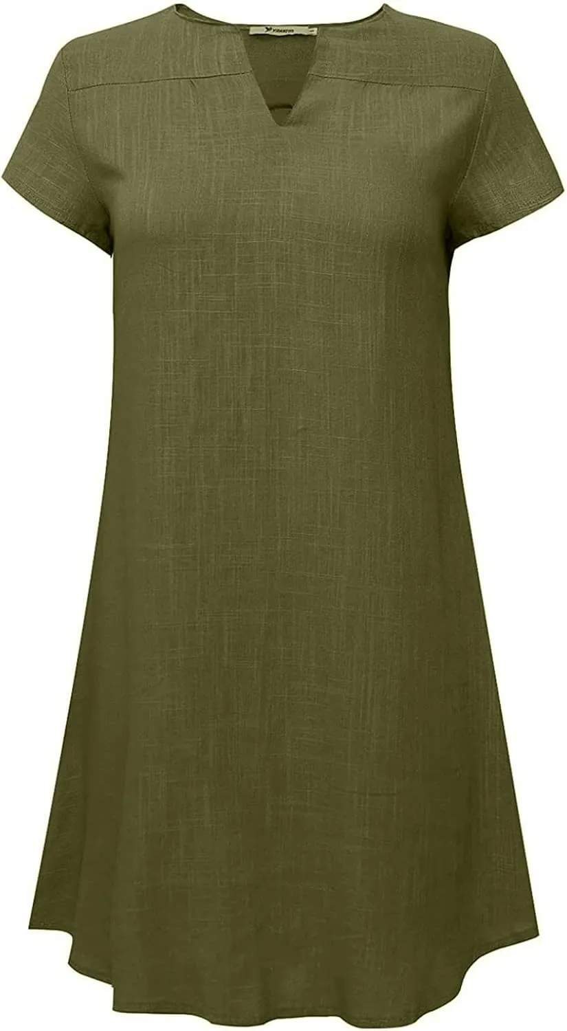 LFEOOST Plus Size Summer Dresses for Women 2023 Fashion Short Sleeve Casual V Neck Solid Loose Ladies Cotton Linen Midi Dress