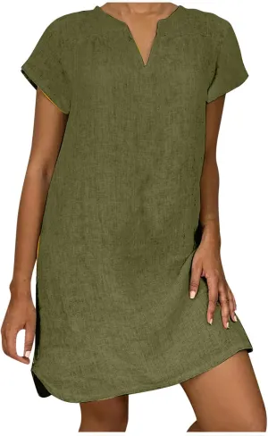 LFEOOST Plus Size Summer Dresses for Women 2023 Fashion Short Sleeve Casual V Neck Solid Loose Ladies Cotton Linen Midi Dress