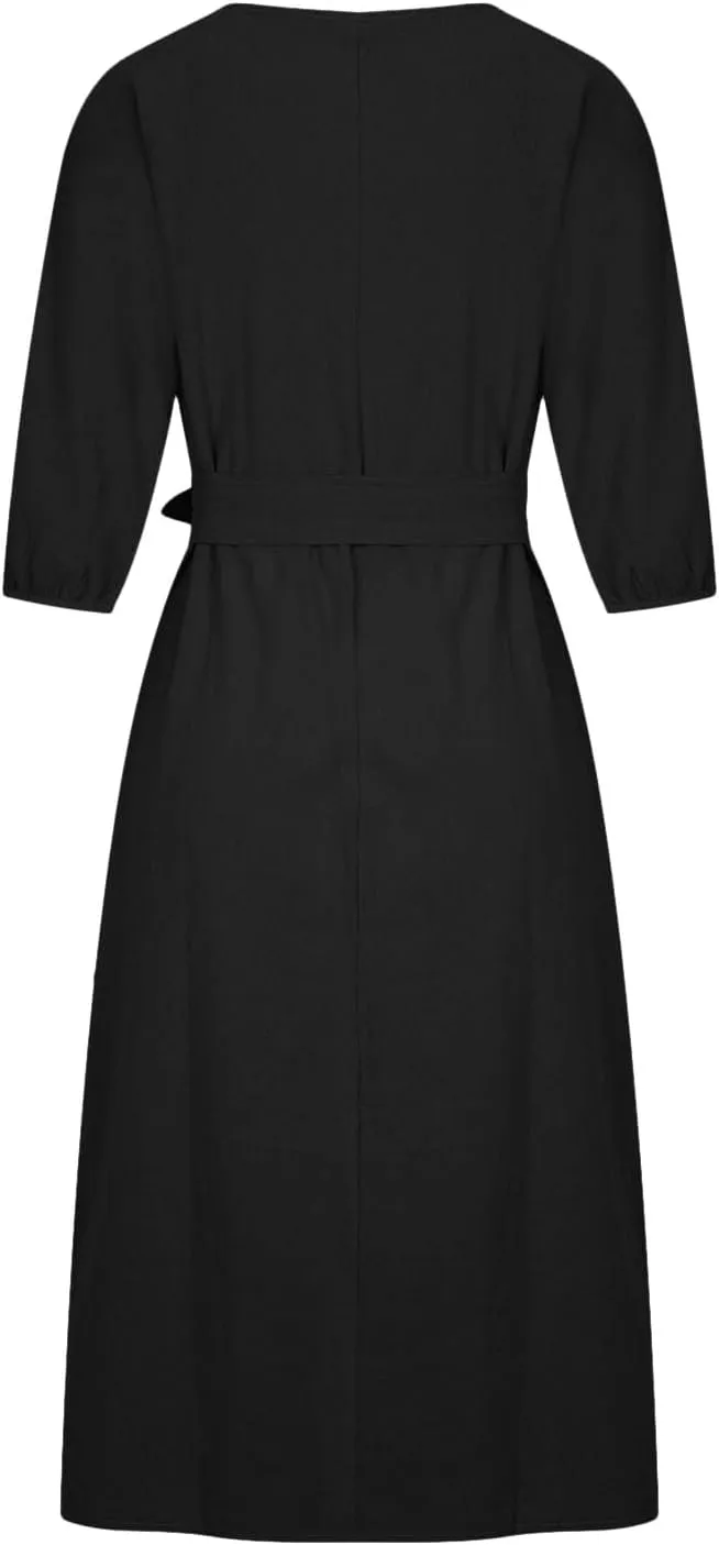Linen Dress for Women A Line Loose Fit Midi Dresses Short Sleeve Tie Waist Summer Dress Business Casual Dresses