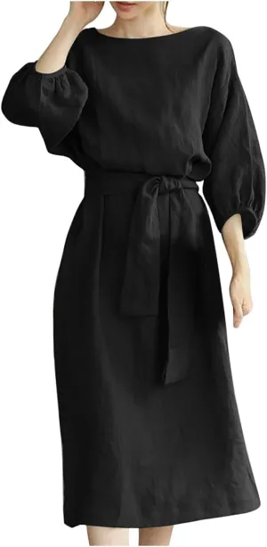 Linen Dress for Women A Line Loose Fit Midi Dresses Short Sleeve Tie Waist Summer Dress Business Casual Dresses
