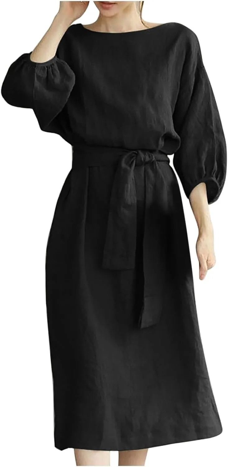 Linen Dress for Women A Line Loose Fit Midi Dresses Short Sleeve Tie Waist Summer Dress Business Casual Dresses