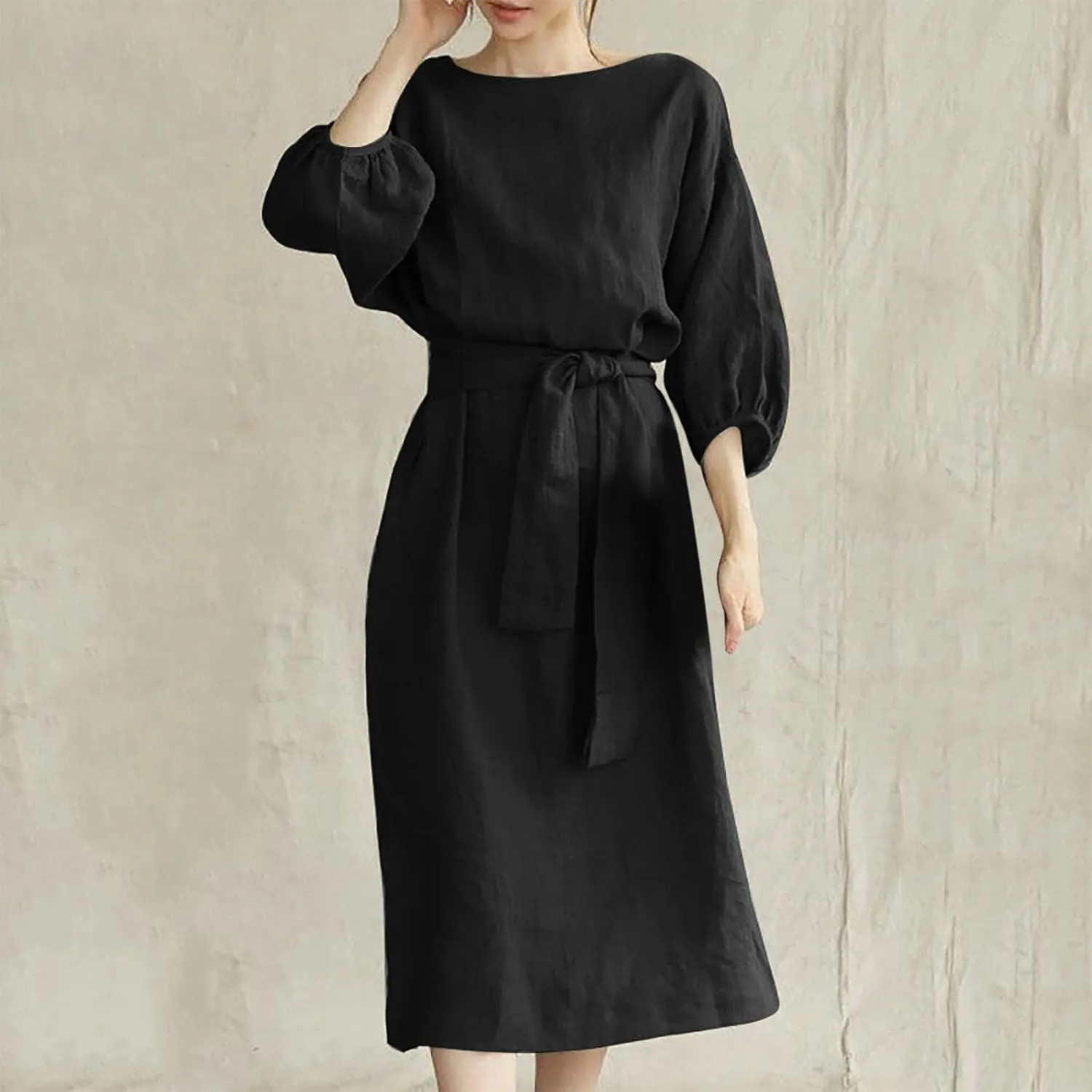 Linen Dress for Women A Line Loose Fit Midi Dresses Short Sleeve Tie Waist Summer Dress Business Casual Dresses