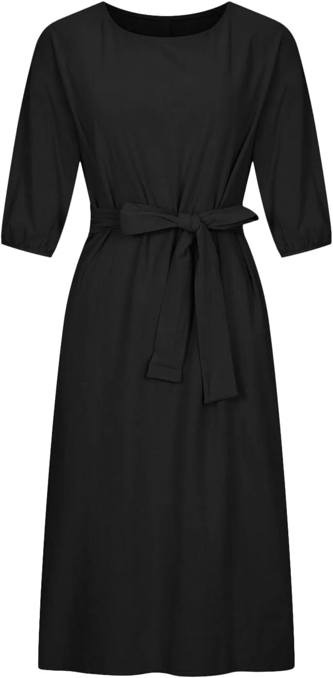 Linen Dress for Women A Line Loose Fit Midi Dresses Short Sleeve Tie Waist Summer Dress Business Casual Dresses