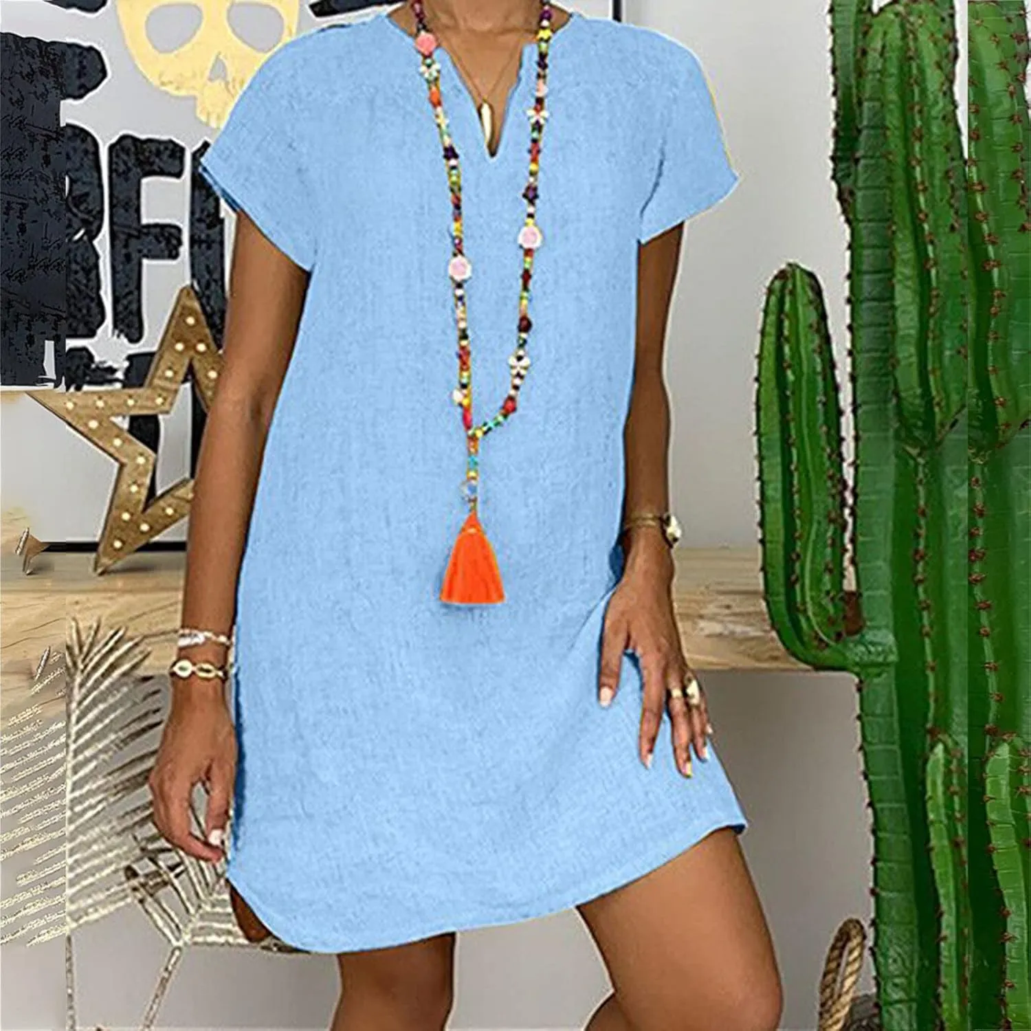 Linen Dress for Women Summer V Neck Cap Sleeve Sundress Beach Vacation Soft Plus Size Casual Mini Dresses 2025