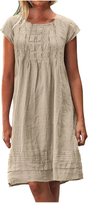 Linen Dress Women Summer Short Sleeve Pleated Casual Cotton Midi T-Shirt Dresses Beach Sundresses Vacation Outfits