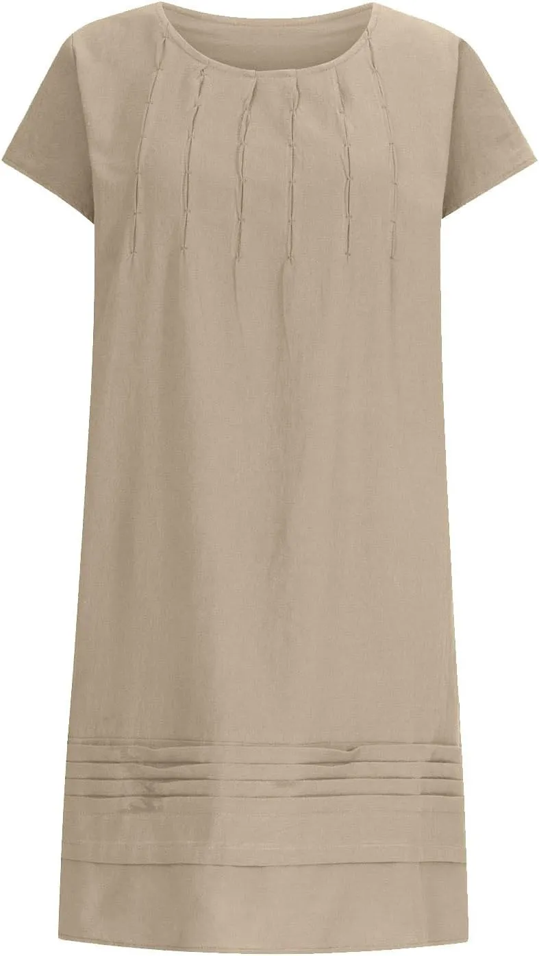 Linen Dress Women Summer Short Sleeve Pleated Casual Cotton Midi T-Shirt Dresses Beach Sundresses Vacation Outfits