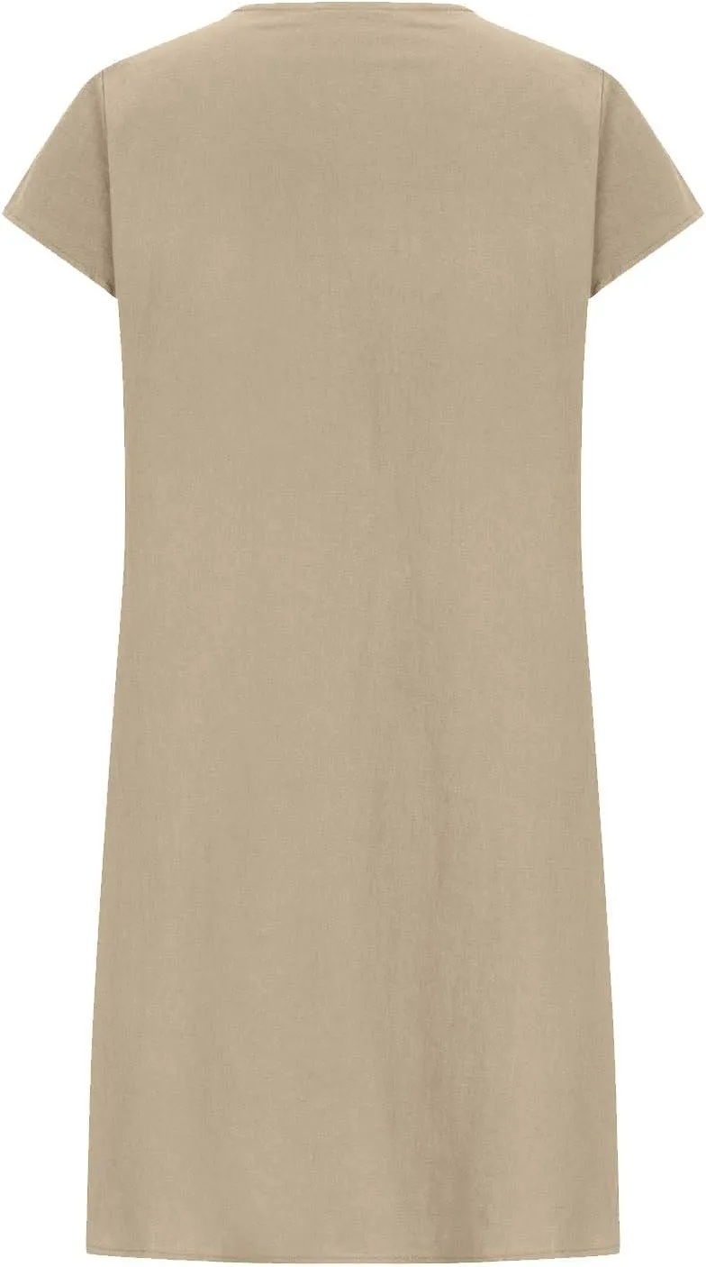 Linen Dress Women Summer Short Sleeve Pleated Casual Cotton Midi T-Shirt Dresses Beach Sundresses Vacation Outfits