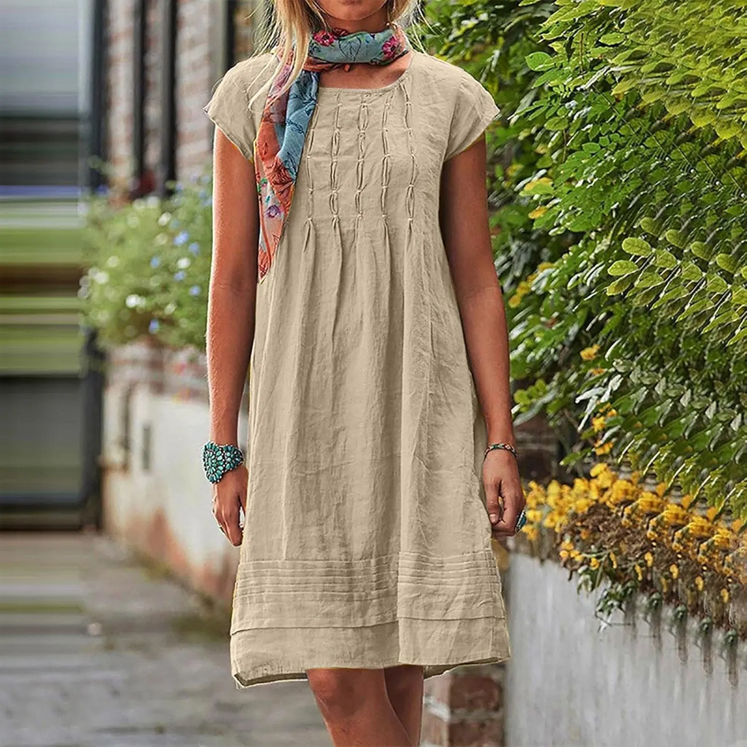 Linen Dress Women Summer Short Sleeve Pleated Casual Cotton Midi T-Shirt Dresses Beach Sundresses Vacation Outfits