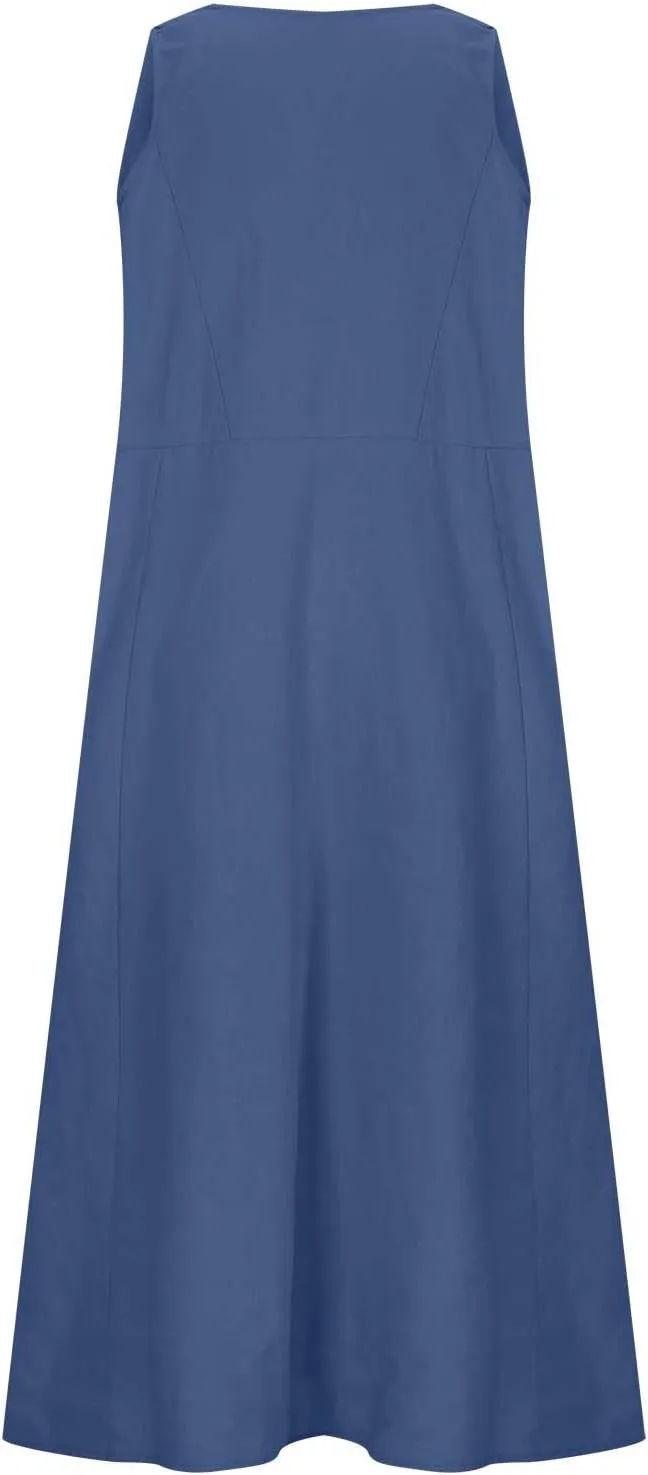 Linen Dress Women Summer Trendy Sleeveless Long Tank Dresses Plus Size Vacation Boho Beach Sundresses with Pockets