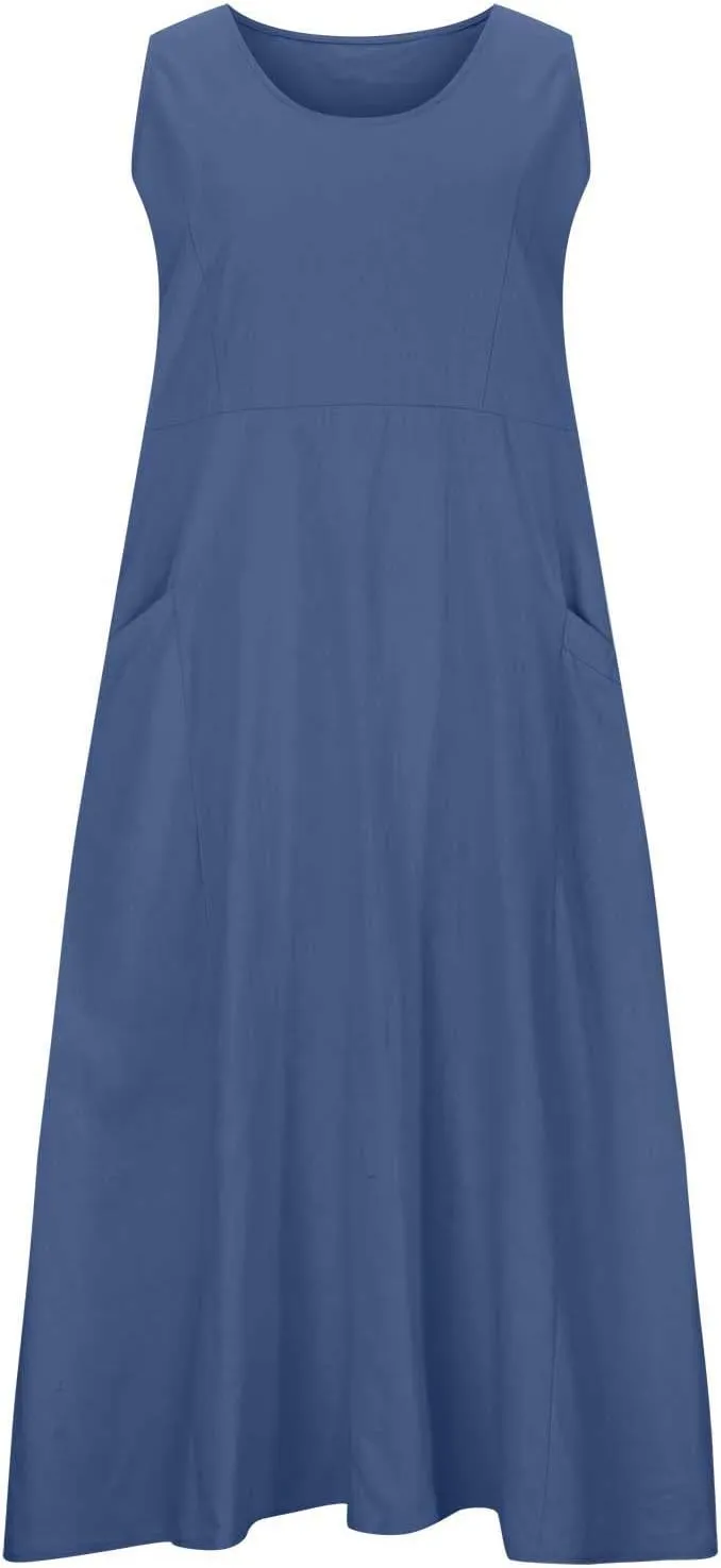 Linen Dress Women Summer Trendy Sleeveless Long Tank Dresses Plus Size Vacation Boho Beach Sundresses with Pockets