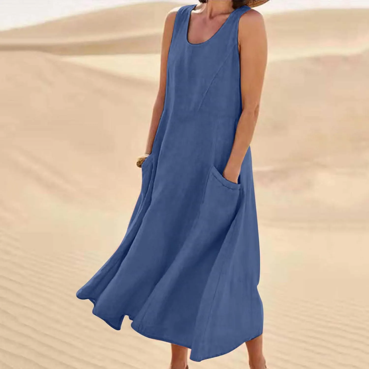 Linen Dress Women Summer Trendy Sleeveless Long Tank Dresses Plus Size Vacation Boho Beach Sundresses with Pockets