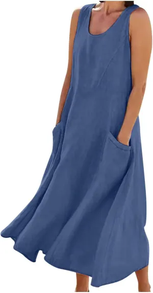 Linen Dress Women Summer Trendy Sleeveless Long Tank Dresses Plus Size Vacation Boho Beach Sundresses with Pockets