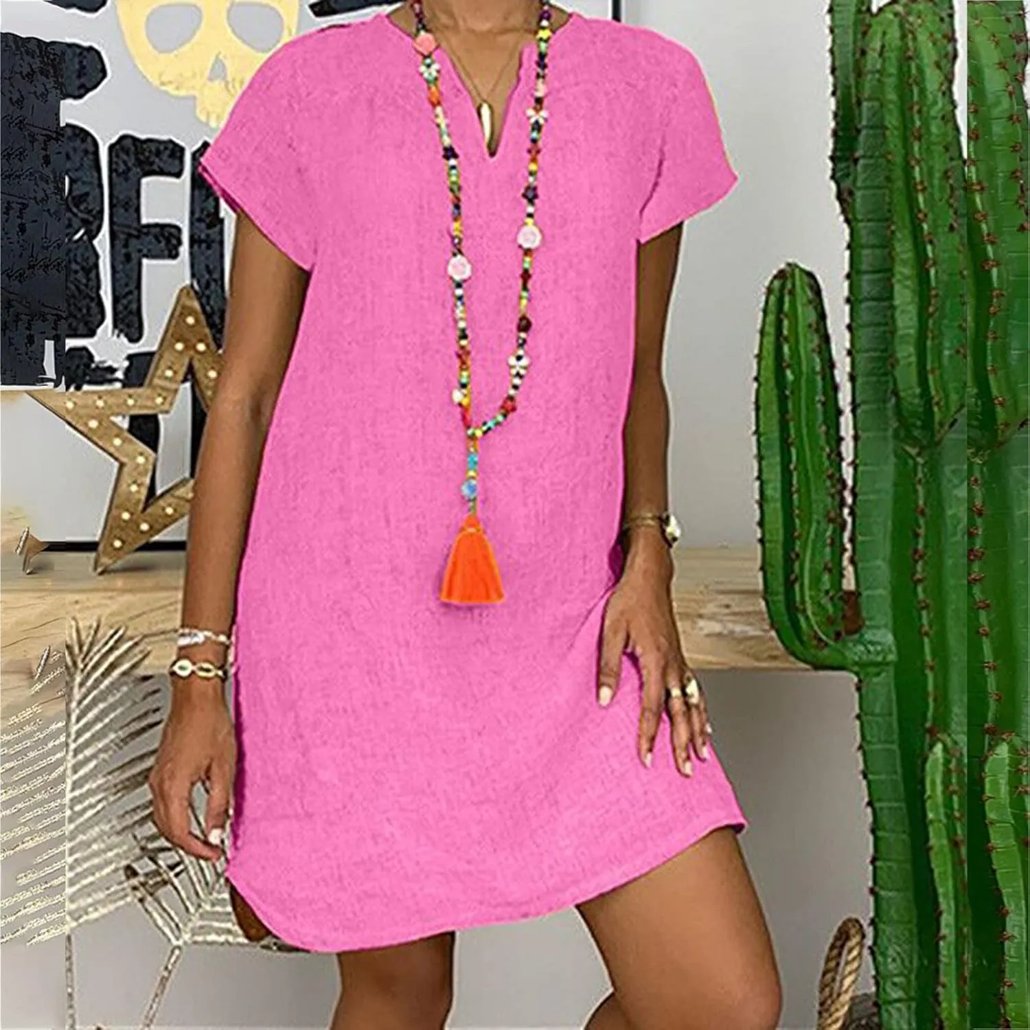 Linen Dresses for Women 2025 Cap Sleeve V Neck Sundress Beach Vacation Mini Dress Cotton Trendy Clothes