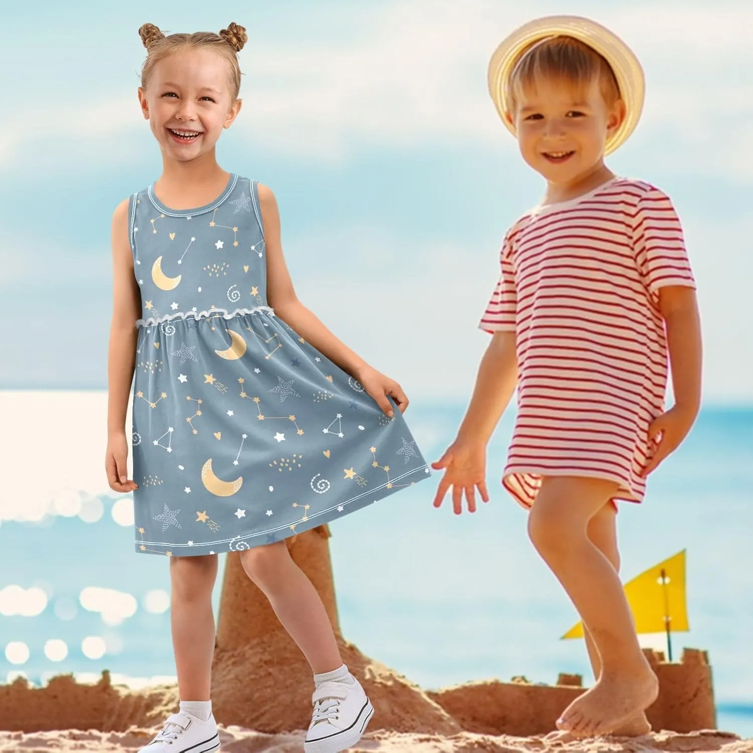 Little Girls Dress Sleeveless Casual Twirl Dresses Print Sundress for 2-8 Years