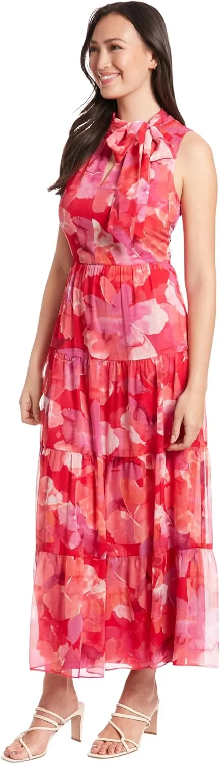 London Times High Neck with Tie, Tiered Maxi Summer Dresses for Women