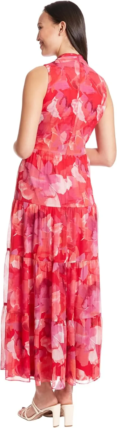 London Times High Neck with Tie, Tiered Maxi Summer Dresses for Women