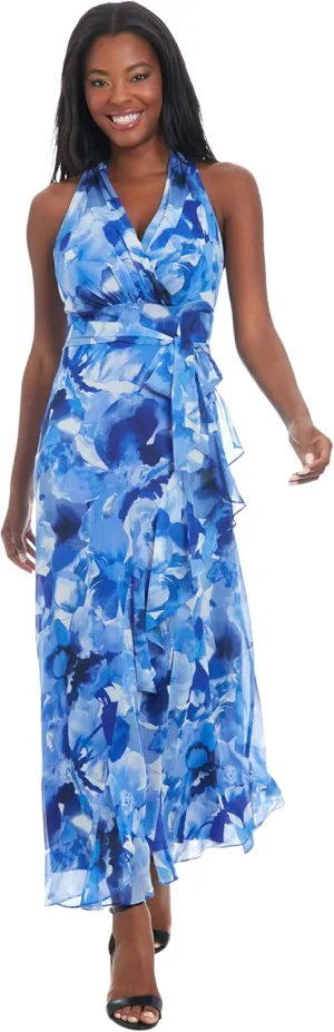 London Times V-Neck Waist Tie Ruffle Cascade Wedding Guest Dresses for Women