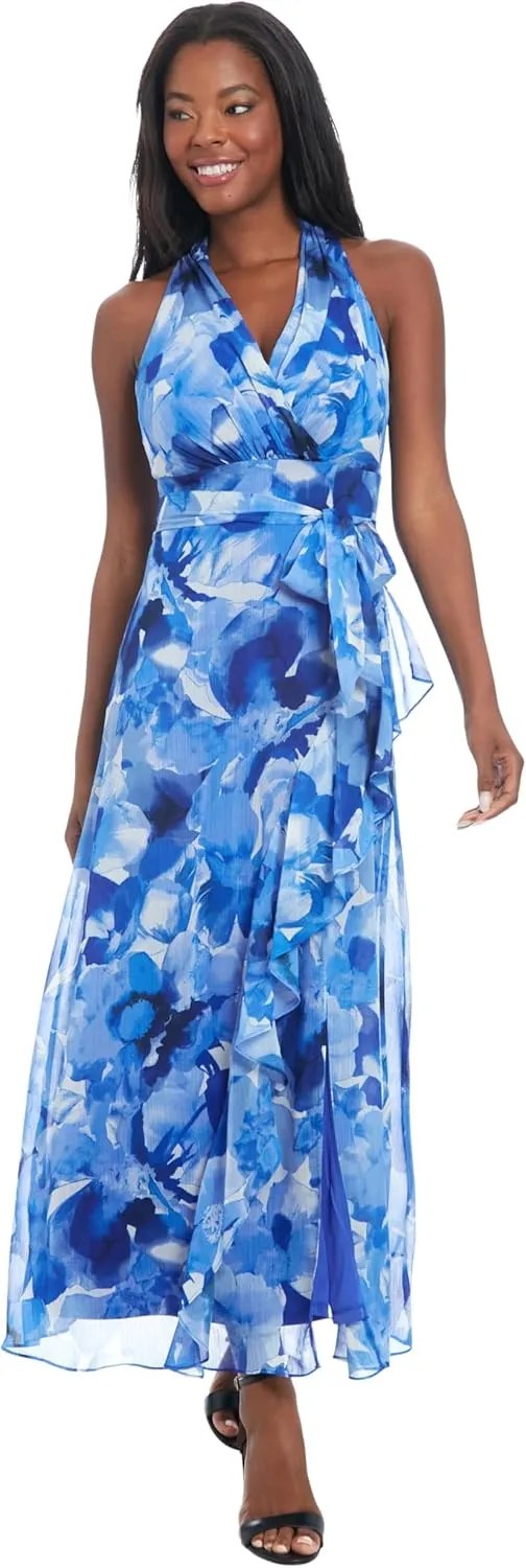 London Times V-Neck Waist Tie Ruffle Cascade Wedding Guest Dresses for Women