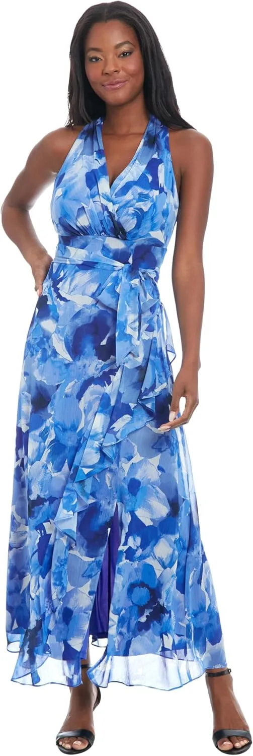London Times V-Neck Waist Tie Ruffle Cascade Wedding Guest Dresses for Women
