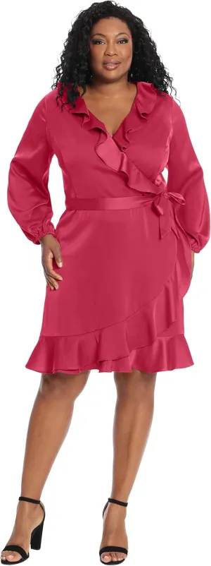 London Times Women's Long Sleeve Surplus V-Neck Faux Wrap Dress with Ruffle Details