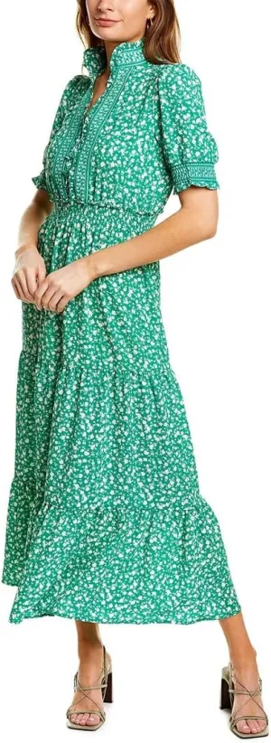 London Times Women's Petite Smocked Puff SLV Ruffle Nk Tiered Midi Dress