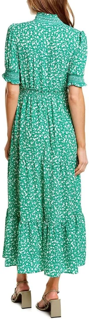 London Times Women's Petite Smocked Puff SLV Ruffle Nk Tiered Midi Dress