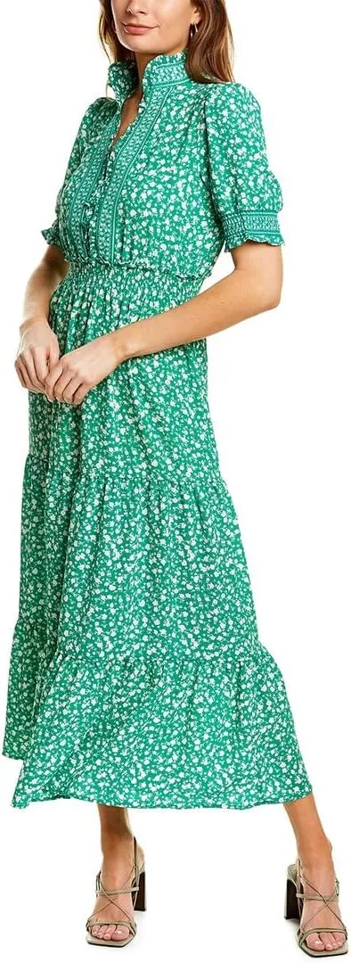 London Times Women's Petite Smocked Puff SLV Ruffle Nk Tiered Midi Dress